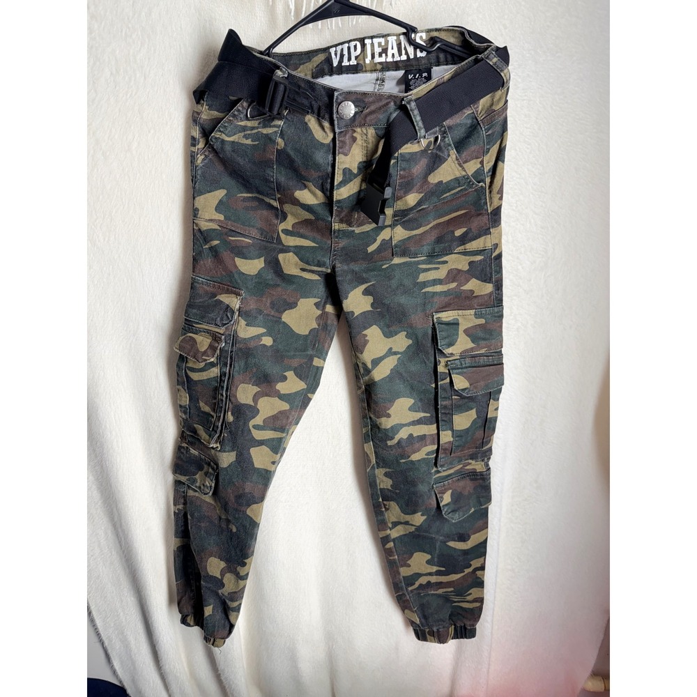 VIP Jeans Camo Cargo Jogger Pants Green Camouflage Belted Utility Size 11/12
